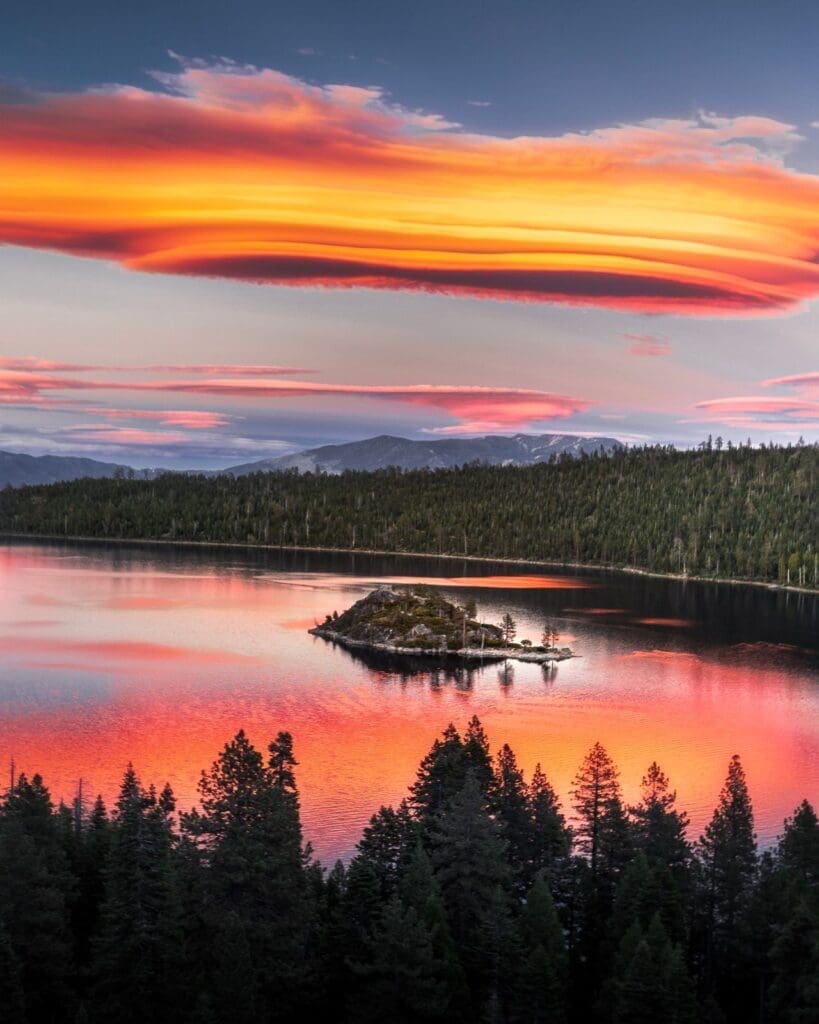 Hot summer Tahoe sunset showing warm evening conditions where a hydronic cooling system can support home comfort.
